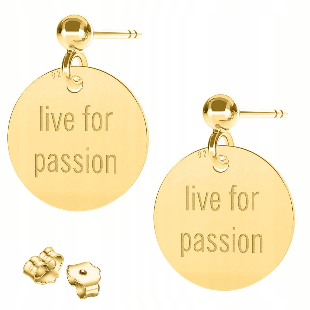 Złote Kolczyki Okrągłe Napis Pasja Live Passion Koła Kółka SREBRO 925