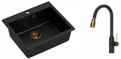 Zlewozmywaki z baterią - Quadron Zlewozmywak granitowy jednokomorowy 57*50*22 cm MORGAN 110 PURE CARBON czarny ze złotym odpływem z baterią JESSICA Q LINE PURE CARBON z wyciąganą wylewką i funkcją prysznica kolor czarny mat/wykończenie złote - miniaturka - grafika 1