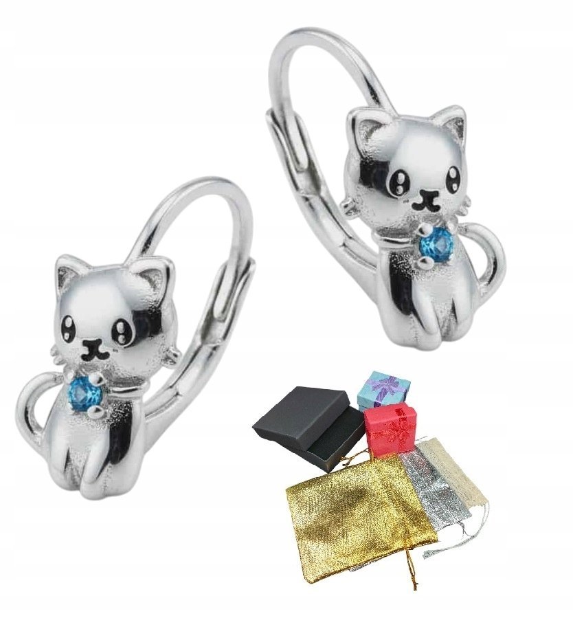 Srebrne 925 Kolczyki Kotki Z Cyrkonią Na Prezent Gwiazdkę Dla Dziewczynki