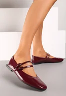 Baleriny - Bordowe Lakierowane Płaskie Balerinki Ozdobione Kwadratowym Noskiem i Paskami Mailine - miniaturka - grafika 1