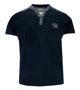 T-shirt Bawełniany z Guzikami przy Kołnierzyku, Granatowy z Nadrukiem, Krótki Rękaw -PAKO JEANS - Pako Jeans - Koszulki męskie - miniaturka - grafika 1
