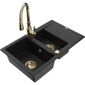 Zlewozmywaki z baterią - Mexen Gaspar zlewozmywak granitowy 1,5-komorowy z ociekaczem i baterią kuchenną Savita, czarny - miniaturka - grafika 1