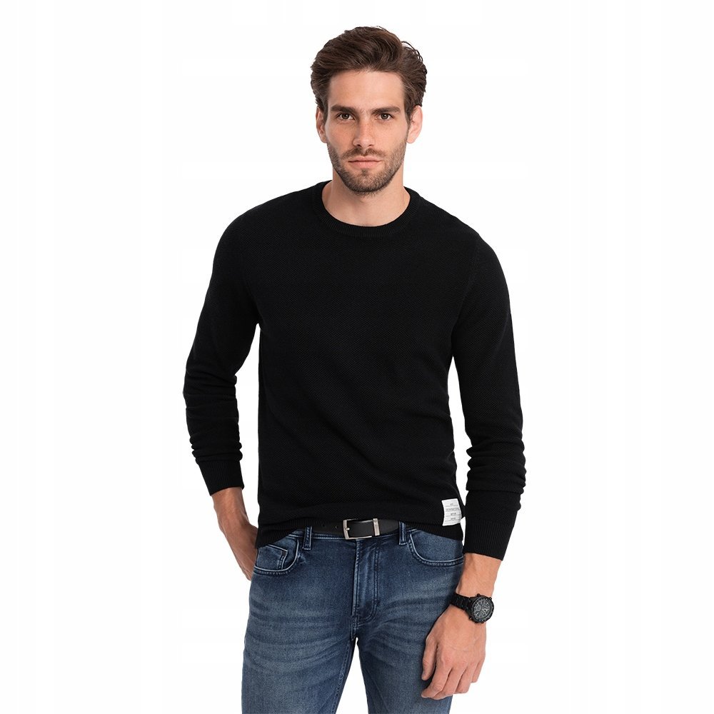 Sweter męski z teksturą i półokrągłym dekoltem czarny V4 OM-SWSW-0104 S