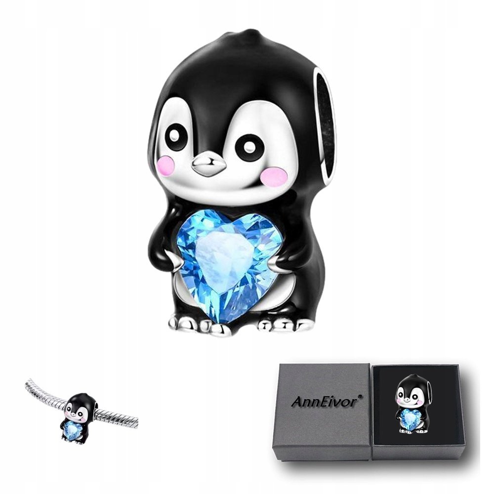 Koralik Srebrny Modułowy S925 Pingwin Niebieskie Serce Kryształek Dla Niej