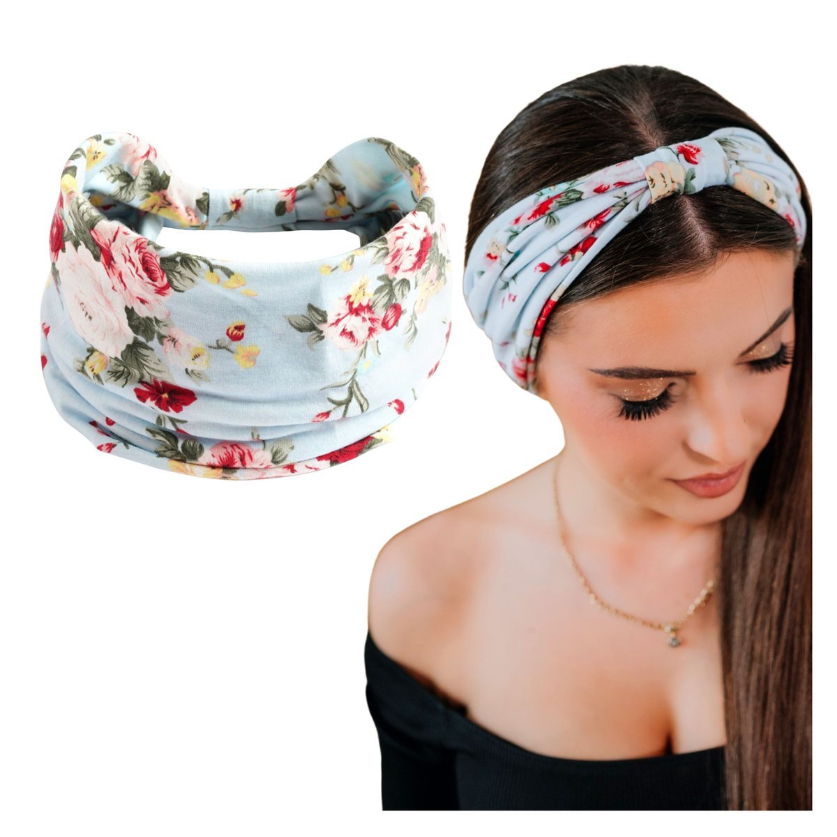 Opaska do Włosów Błękitna Turban na Głowę Szeroka w Kwiaty MIŁA W DOTYKU