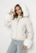 Kurtki damskie - Biała Pikowana Kurtka z Kapturem Zdobiona Futerkiem Olenesa - miniaturka - grafika 1