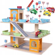 Tory, garaże, parkingi - Ecotoys Drewniany garaż tor z windą + autka 342 - miniaturka - grafika 1