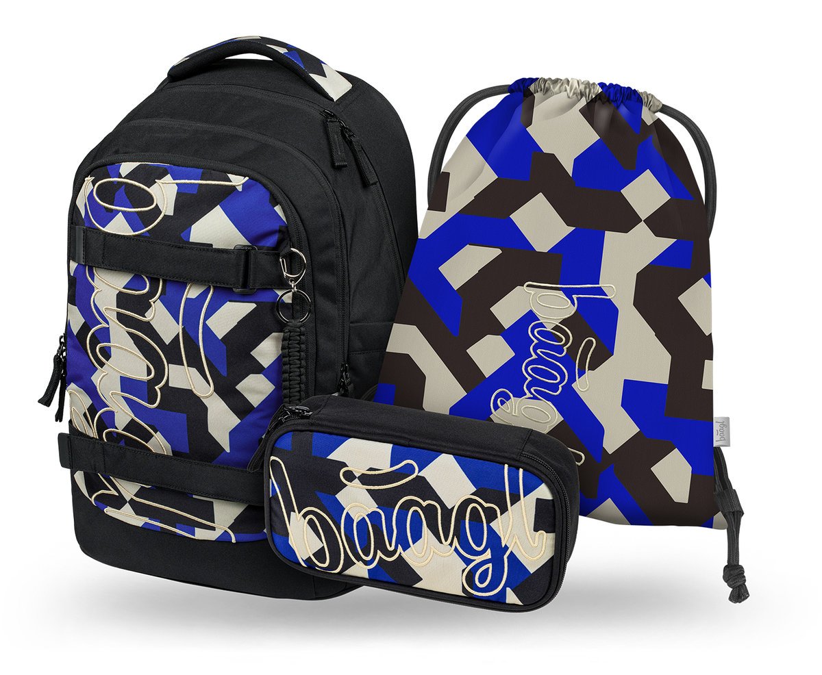 BAAGL Zestaw Szkolny 3w1 Plecak Ergonomiczny Skate Max Variety Czarny z kieszenią na laptopa 31L + Piórnik + Worek