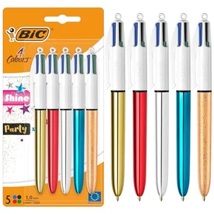Bic 4 kolory, błyszczące i imprezowe chowane długopisy kulkowe, średnia końcówka (1,00 mm) w metalicznym srebrze, złotym, czerwonym, niebieskim i mroźnym złocie - 5 sztuk - Długopisy - miniaturka - grafika 1