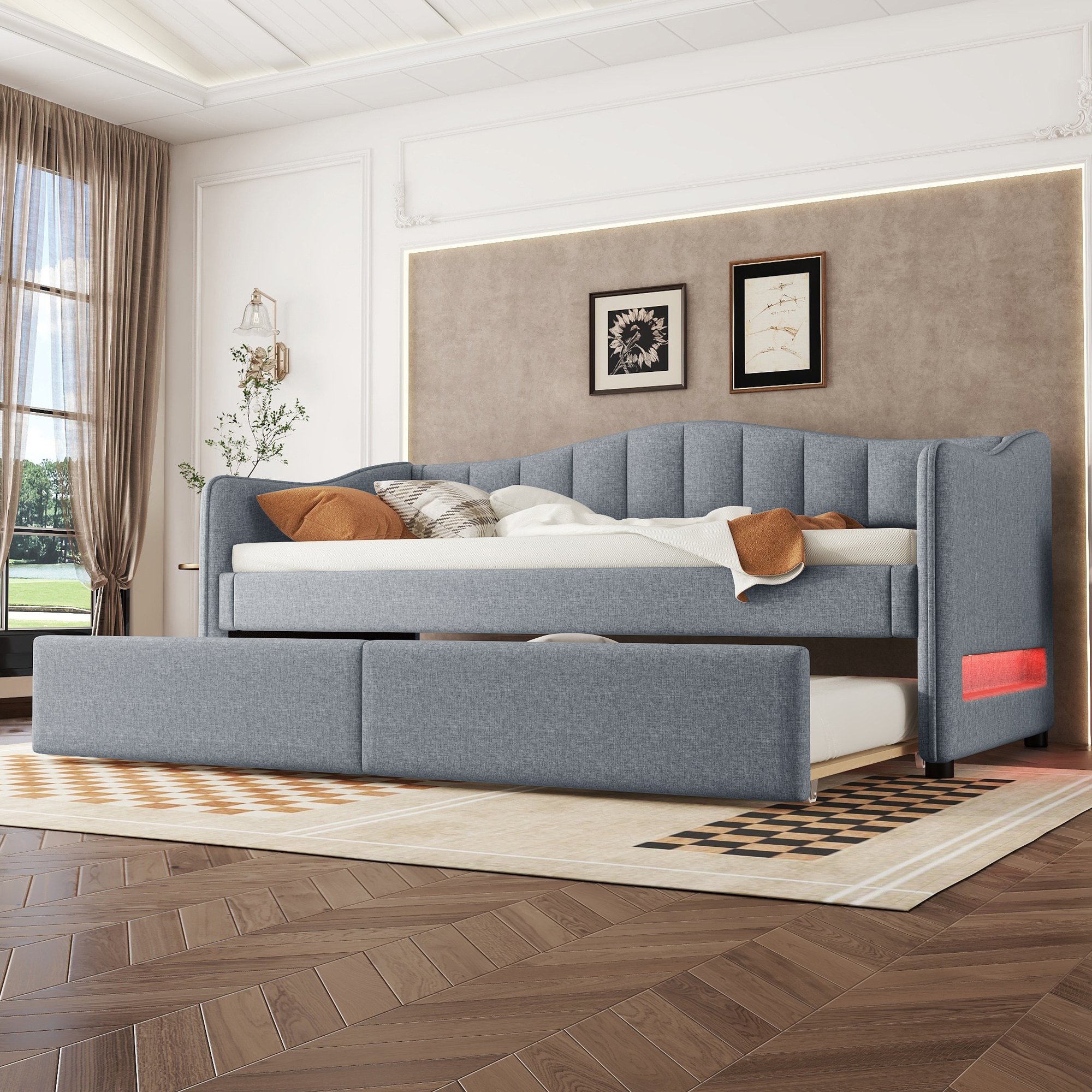 Flieks łóżko tapicerowane 90x200cm z wysuwanym łóżkiem, rozkładana sofa z funkcją spania LED, rozkładana sofa funkcjonalne łóżko młodzieżowe łóżko gościnne, pościel, szary