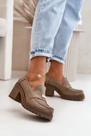 Półbuty damskie - Damskie Eleganckie Półbuty Na Słupku Skóra Naturalna Ciemnobeżowe Zazoo 20168 - miniaturka - grafika 1