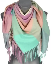 Chusta damska ciepła w KRATĘ z frędzlami AXD-13-23 miętowa - Apaszki i szaliki damskie - miniaturka - grafika 1