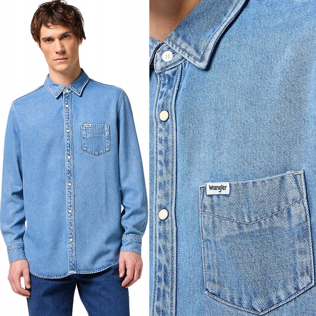 Wrangler 1 POCKET SHIRT Light Stone KOSZULA JEANSOWA BLUE DżINS REGULAR M