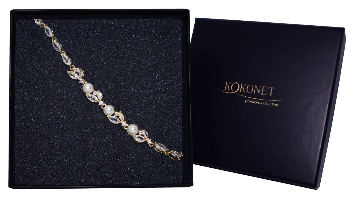 BRANSOLETKA złota perłami cyrkoniami ślubna BLASK