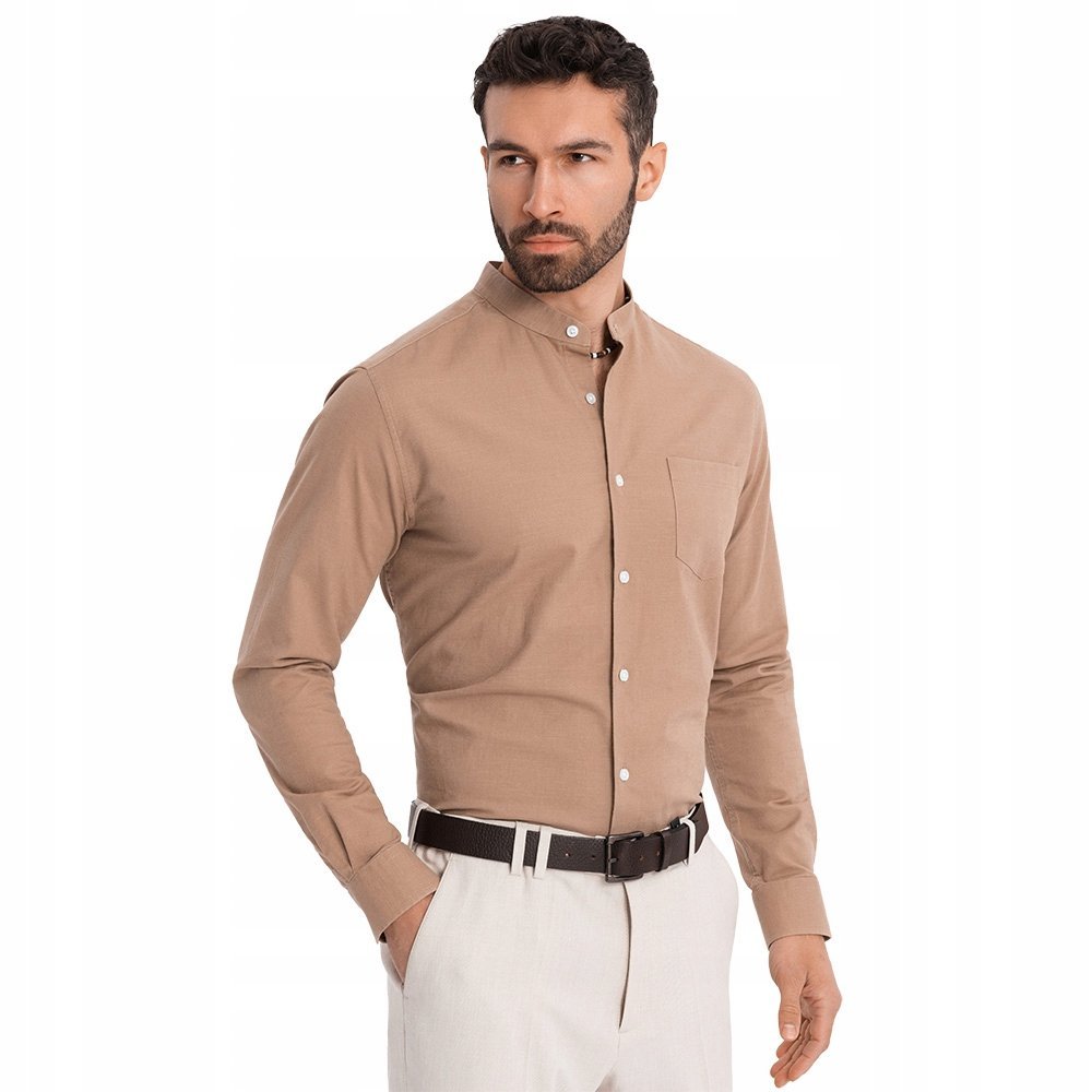 Lniana koszula męska stójka casual wygodna jasnobrązowa OM-SHCS-0161 V7 L