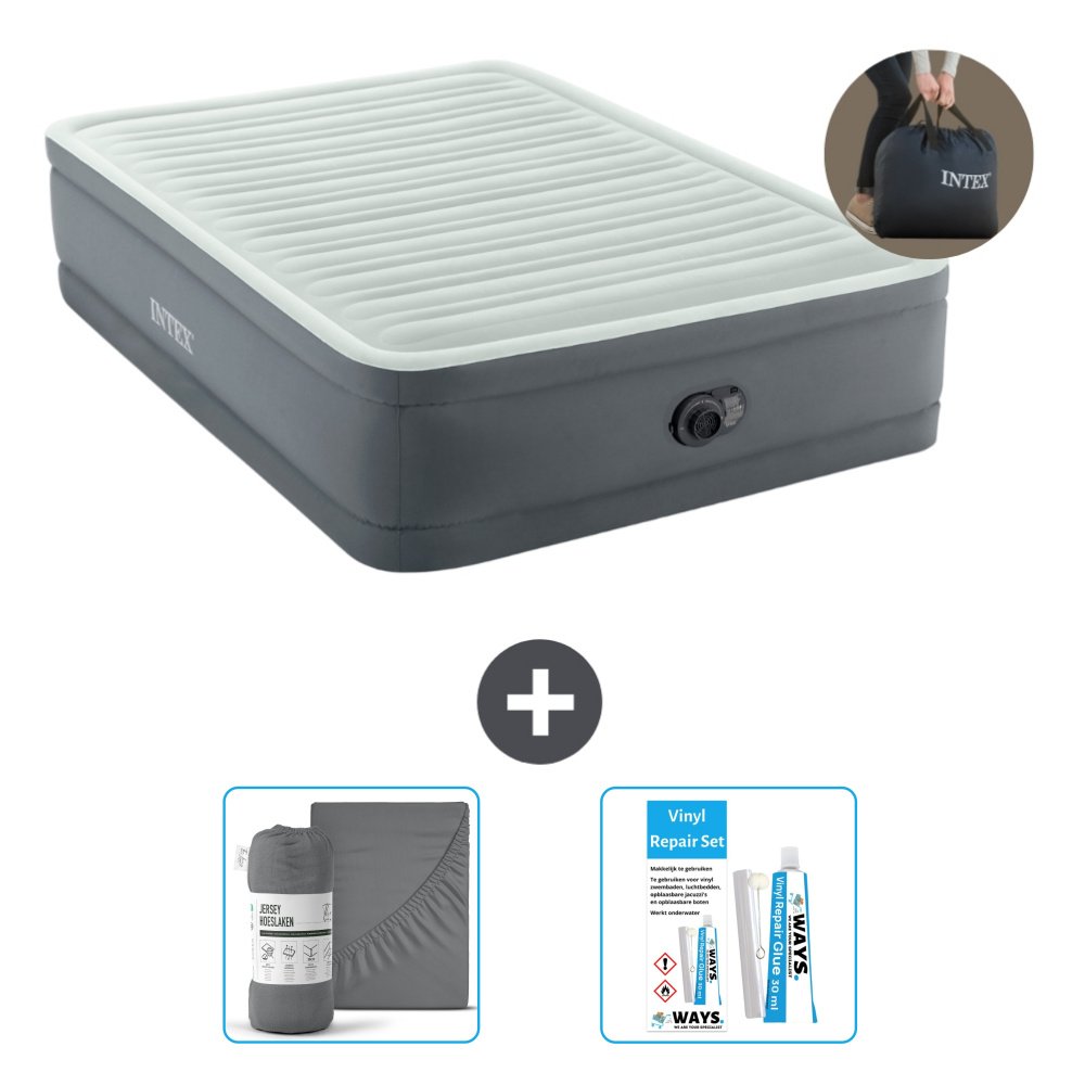 Intex Airbed - Podwójne łóżko - 137 x 191 x 46 cm - Szare - W zestawie pompka - prześcieradło i zestaw naprawczy