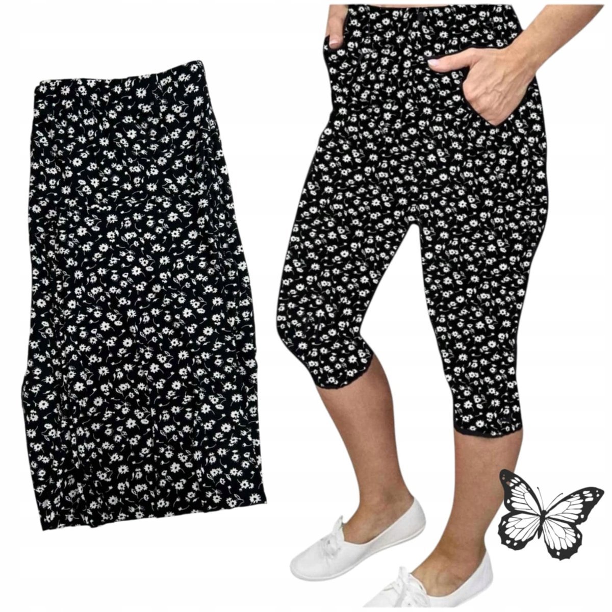 REWELACYJNE RYBACZKI KIESZENIE leginsy 3/4 białe kwiaty super 54 56 7XL 8XL
