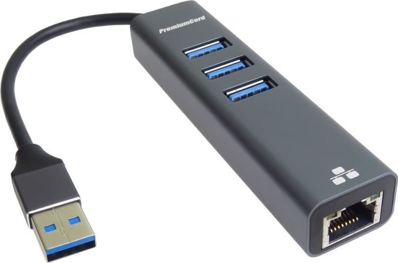 HUB USB PremiumCord PREMIUMCORD Adaptér USB3.0 - LAN RJ45 ETHERNET 10/100/1000 MBIT + 3x USB3.0 port kuethernet7