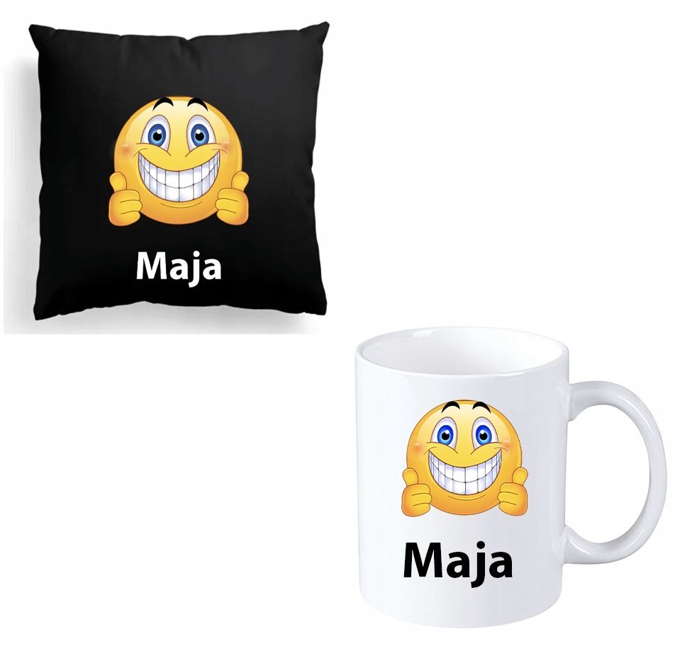 ZESTAW KUBEK + PODUSZKA Emotikon MEM + IMIĘ #2