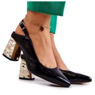 Czółenka - Skórzane Czółenka Na Słupku Maciejka 05427-01 Czarne złoty - miniaturka - grafika 1