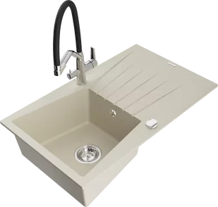 Mexen Cesar zlewozmywak granitowy 1-komorowy z ociekaczem i baterią kuchenną Duo, beżowy - 6514-69-671701-07 - Zlewozmywaki z baterią - miniaturka - grafika 1