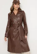 Płaszcze damskie - Brązowy Dwurzędowy Płaszcz Trencz z Imitacji Skóry z Wiązanym Paskiem Nilovessa - miniaturka - grafika 1