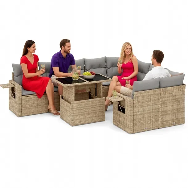 Zestaw mebli ogrodowych modułowych beżowy z poduszkami, rattan PE 62x62x6