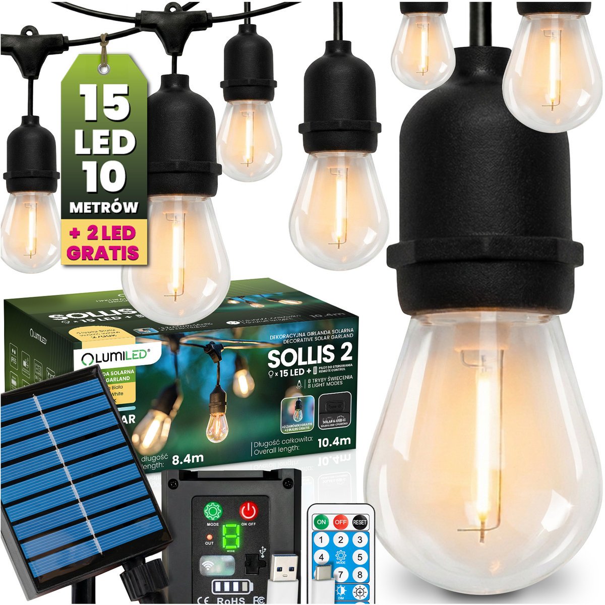 Lumiled Girlanda Solarna Ogrodowa 15x LED Ozdobne Żarówki 10,4m 2700K Ciepła + PILOT IP65 SOLLIS 2
