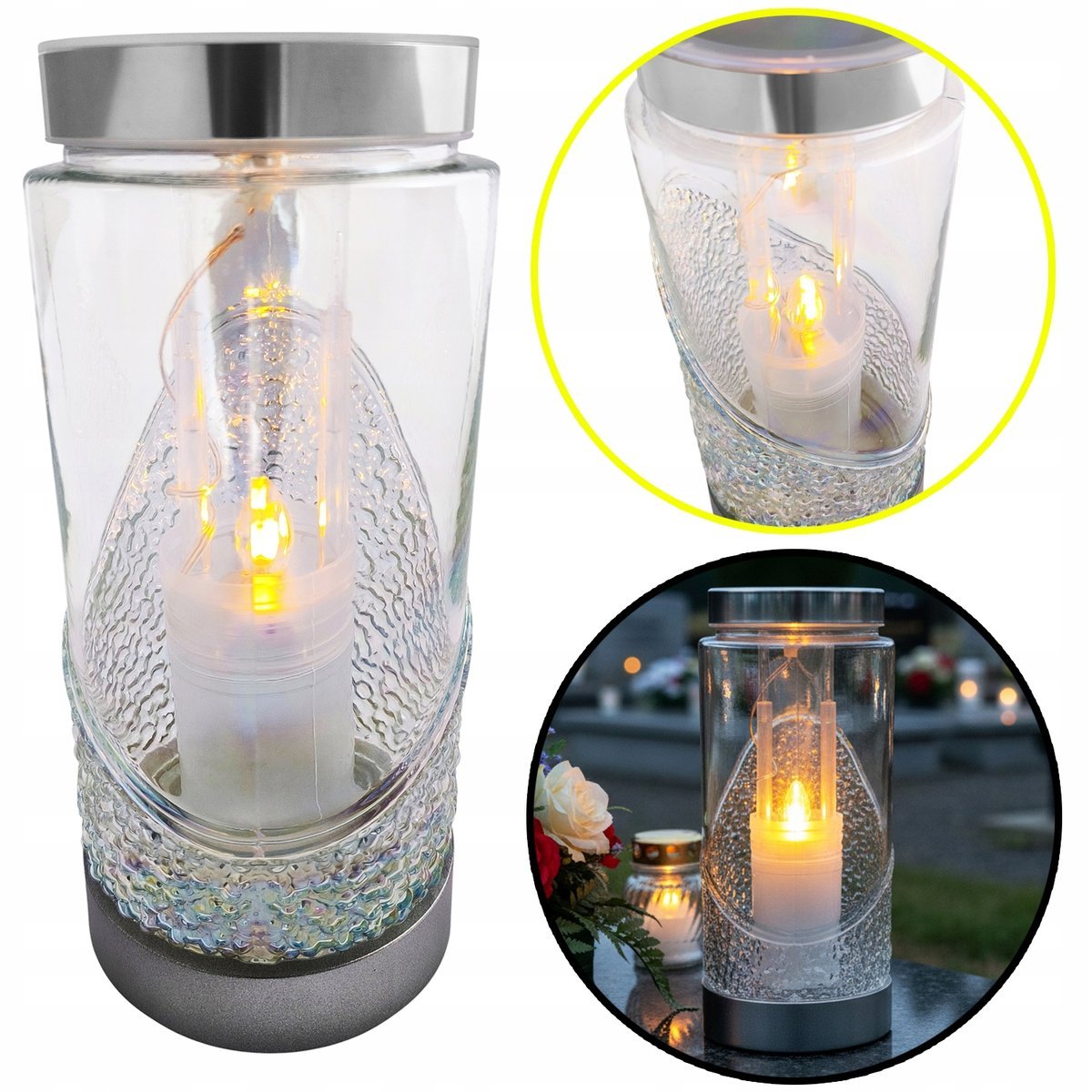 Znicz Solarny LED KOLUMNA lampion na grób fotowoltaiczny szklany błyszczący