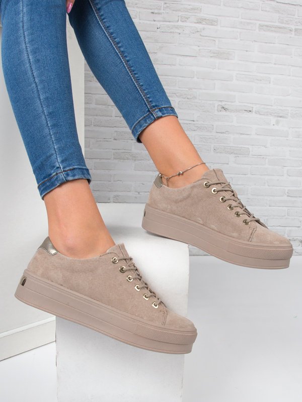 Filippo Półbuty damskie skórzane zamszowe na platformie beżowe-40