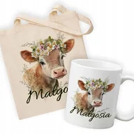 Kubki - TORBA BEŻOWA + KUBEK BIAŁY Dla Miłośników Zwierząt KRÓWKA Cow IMIĘ Wzory - miniaturka - grafika 1