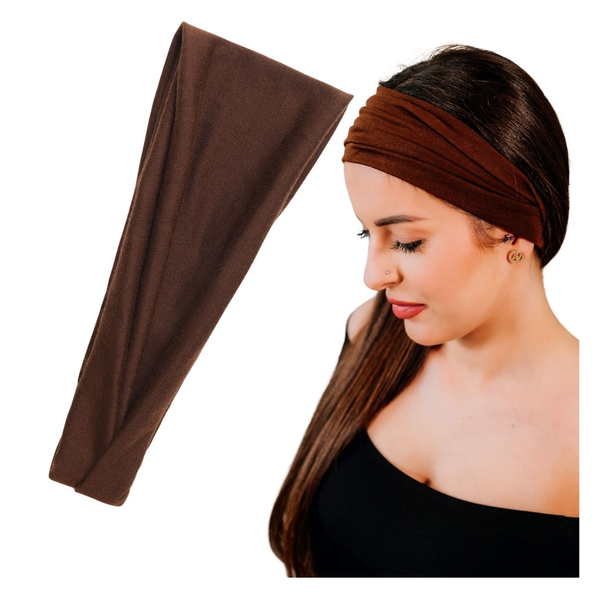 Opaska na Głowę Brązowa do Włosów Szeroka Elastyczna Turban Gładka Wygodna