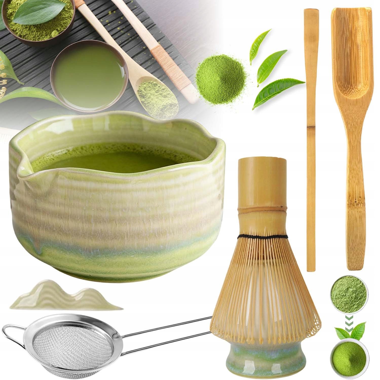 Bambusowy Zestaw Do Robienia Matchy Trzepaczka Łyżka Chasen, Miotełka 7W1