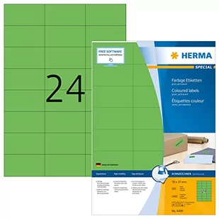 HERMA 4409 kolorowe etykiety DIN A4 (70 x 37 mm, 100 arkuszy, papier, matowy) samoprzylepne, możliwość zadrukowania, trwałe etykiety kolorowe, 2400 etykiet samoprzylepnych, zielone - Etykiety do drukarek - miniaturka - grafika 1