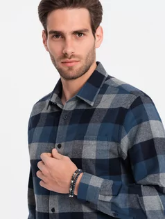 Koszule męskie - Koszula męska flanelowa w kratę - niebieska V4 OM-SHCS-0150 - grafika 1
