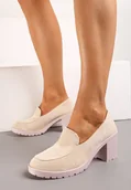 Półbuty damskie - Beżowe Półbuty na Słupku i Niskiej Platformie w Stylu Mokasynów Molana - miniaturka - grafika 1