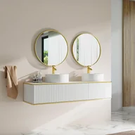 Szafki łazienkowe - Podwieszana szafka łazienkowa prążkowana ze złotą lamówką, 2 szufladami i podwójną okrągłą umywalką nablatową - Biała - 150 cm - KELIZA - miniaturka - grafika 1