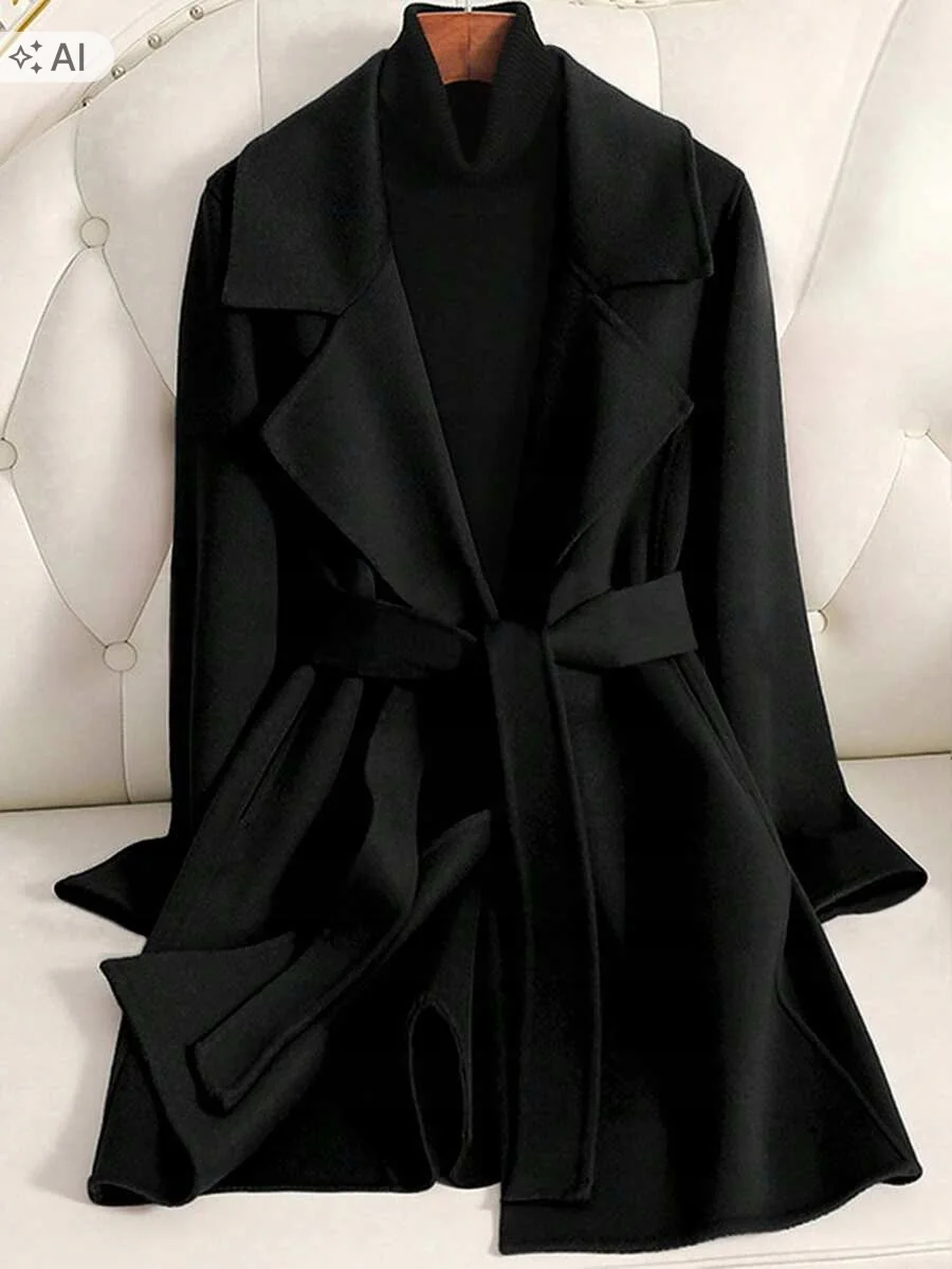 SHEIN CZARNY PŁASZCZ TRENCH ZE SZEROKIM KOŁNIERZEM PETITE XS 1ŁA