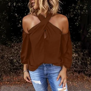 Bluzka damska cold shoulder - Brązowy - Bluzki damskie - miniaturka - grafika 1