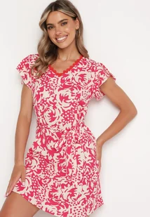 Czerwono-Beżowa Sukienka z Krótkim Rękawem Ozdobiona Siateczką przy Dekolcie z Materiałowym Paskiem Meada - Sukienki - miniaturka - grafika 1