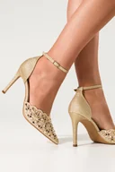 Czółenka - Złote czółenka damskie brokatowe ażurowe z zakrytą piętą pasek wokół kostki kryształki Carla GG-128P - miniaturka - grafika 1