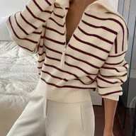 Swetry damskie - TEMU Kardigan Damski w Paski na Zamek - Długi Rękaw, Luźny Krój, Beżowo-Brązowe Pionowe Paski, Zapinany Przód, Lekki i Oddychający na Wiosnę//Jesień, - miniaturka - grafika 1