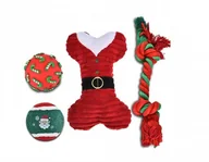 Zabawki dla psów - BarryKing Zestaw zabawek dla psa: piłka winylowa 6,7cm, piłka tenisowa 6,3cm,  kość pluszowa 21cm, sznur 32cm, czerwony, 4szt/op. - miniaturka - grafika 1