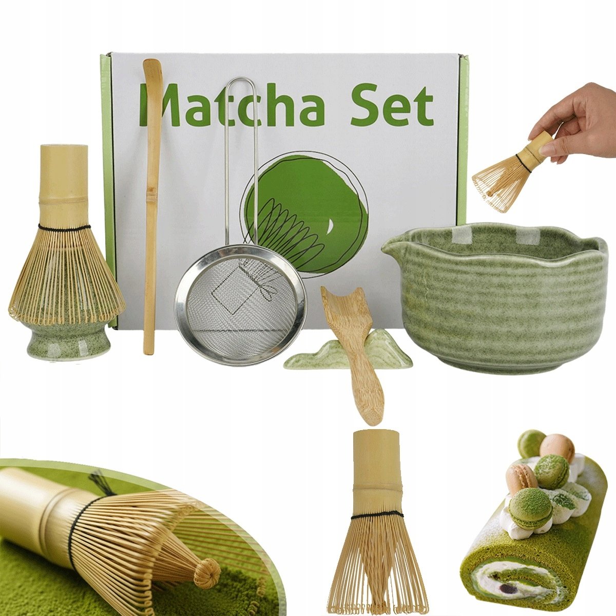 Zestaw do matcha 7 elementów ceramiczny z sitkiem i 2 łyżkami zielony