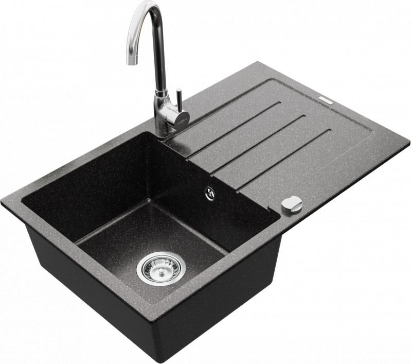 Mexen Zlewozmywak  Bruno granitowy 1-komorowy z ociekaczem i baterią kuchenną Telma, czarny nakrapiany - 6513-76-670200-00