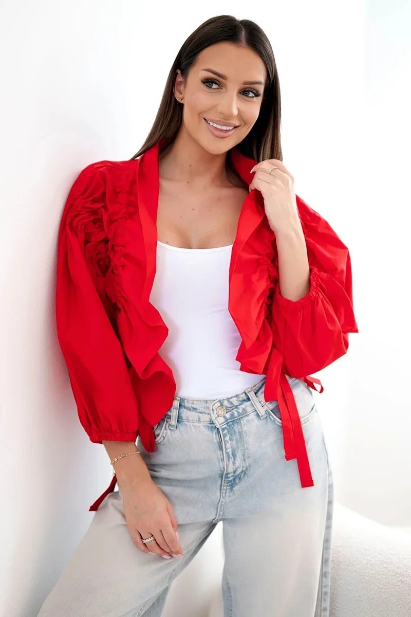 Narzutka damska bawełniana z marszczeniem i wiązaniem czerwona Czerwony