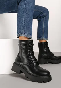 Czarne Płaskie Botki Traperki Vices ze Sznurowaniem i Tłoczeniem Zeriana - Botki damskie - miniaturka - grafika 1