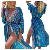 Bluzki damskie - Pareo kolorowe długa narzutka plażowa tunika z paskiem - miniaturka - grafika 1