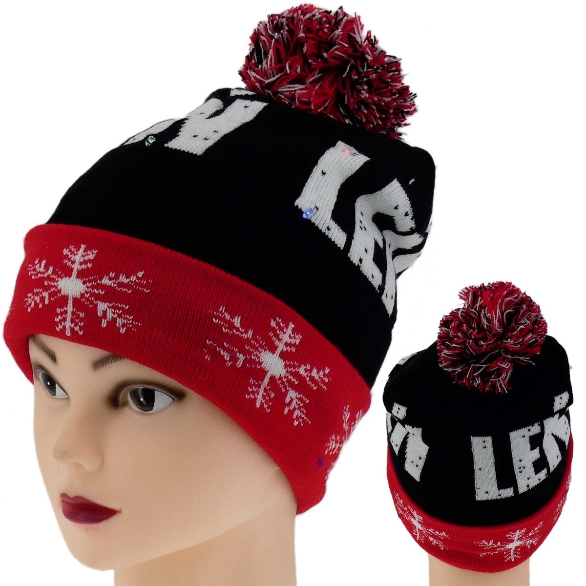 ZIMOWA CZAPKA Z POMPONEM DIODY LED ŚWIECĄCA LEŃ CZARNO CZERWONA