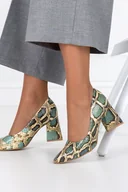 Czółenka - Zielone czółenka skórzane damskie na klocku wzór wężowy PRODUKT POLSKI Casu 3277 - miniaturka - grafika 1